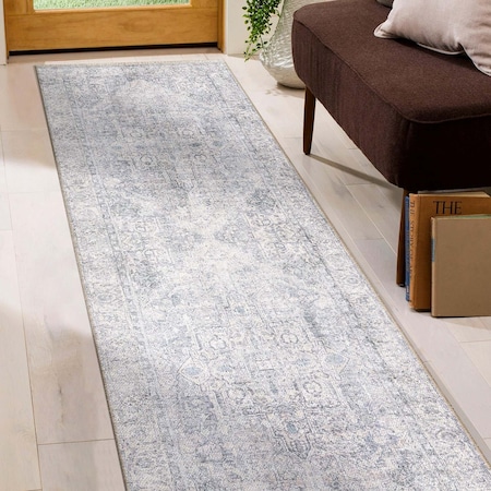 World Rug Gallery Distessed Medallion Machine Washable Runner Rug 2 ft 6 in x 7 ft Blue 6033BLUE2X7
