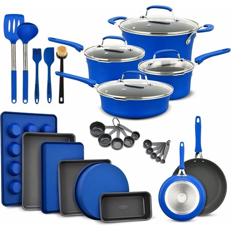 Bakken-Swiss 23-Piece Cookware Set, Blue Pots, Skillets, Bakeware, Reinforced Aluminum, Gas, Electric, Induction BKCWBLUE23