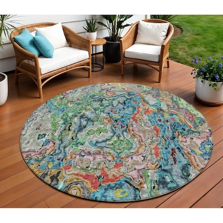 Homeroots 8' Orange And Teal Blue Round Abstract Washable Indoor Outdoor Area Rug 588458