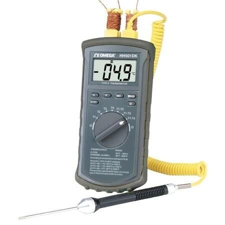 Omega Thermometer, K-type, 9 V, Miniature Connector, 4-CH, (0.3 % rdg + 1 degC), -50 degC, 1300 degC, Eac HH501DK
