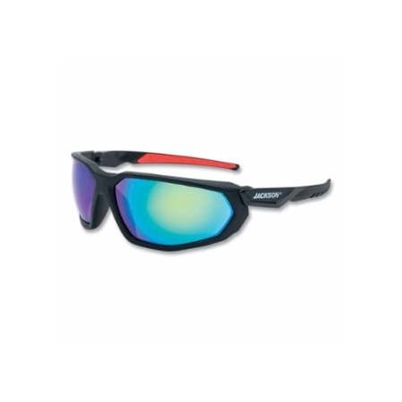 Jackson Safety Hyperguard Safety Glasses, Green Mirror, Polycarbonate, Hard Coated, Black Full Frame, Red Temple 138-45106