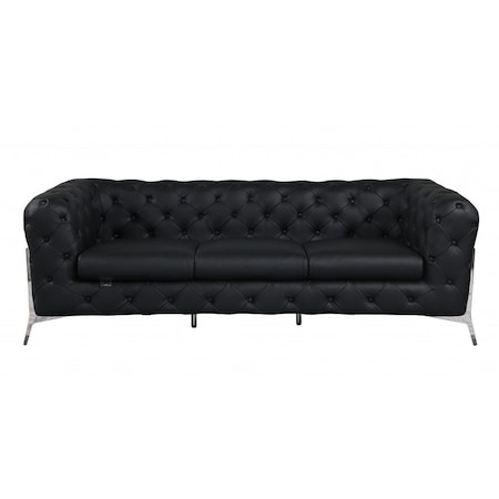 Homeroots 93" Black Italian Leather Chesterfield Sofa With Silver Legs 476526