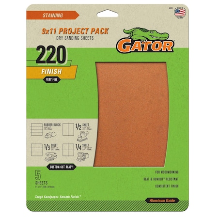 Gator Finishing 9 x 11 Project Pack Dry Sanding Sheets, 220 Grit , Very Fine, 5PK 4465