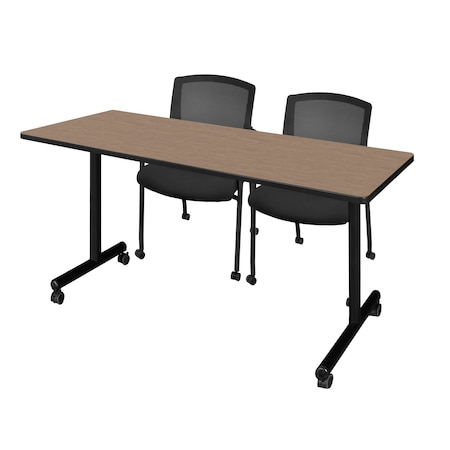 Regency Kobe Mobile T-Base Training Seminar Table W/ 2 Knight Mesh Chairs, 66 in W, 24 in L, Noble Oak MKTRCC6624NO56CBK