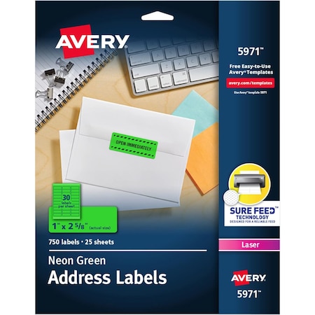 Avery High-Visibility Labels, Permanent Adhesive, Neon Green, 1" x 2-5/8", 750 Labels, 750PK 5971