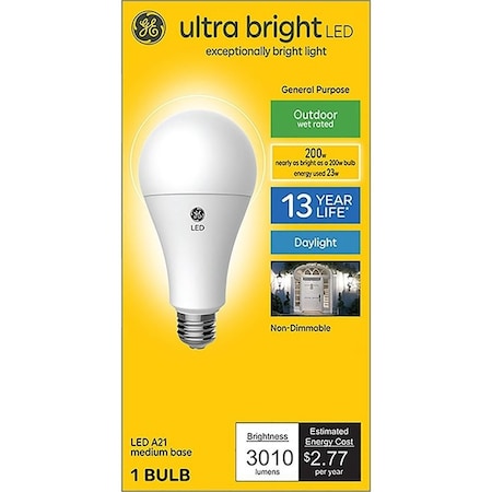 Ge Ultra Bright Light Bulb, A21 Lamp, 200 W Equivalent, Medium E26 Lamp Base, Non-Dimmable, Daylight 93128934