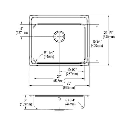 Just Manufacturing Bowl Drop-In Sink, 25"x21.25"x6", Gray SLFADA2125A602-J