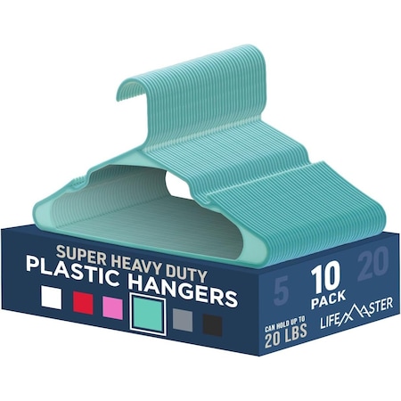 Lifemaster Heavy-Duty Plastic Hangers, Non-Slip, Space-Saving, Holds 5 lbs, Aqua, 10PK LMPLCAQA10