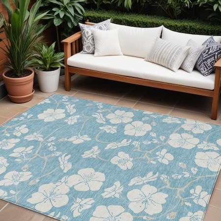 Homeroots 10' X 14' Sky Blue And Ivory Floral Washable Indoor Outdoor Area Rug 599927