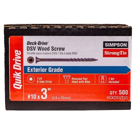 Simpson Strong-Tie Deck-Drive DSV Wood Screw, No 10 Thread, 3 in L, Rimmed Flat with Ribs Head, T25 Drive HCKDSVT3S