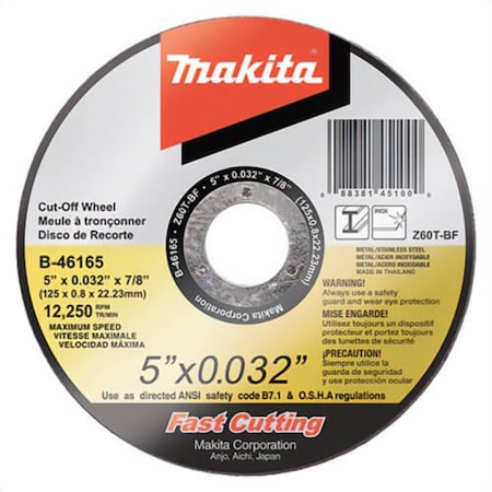 Makita Ultra-Thin Kerf Flat CutOff Wheel, 5 in dia x 1/32 in Thick, 7/8 in Center Hole, Z60T-BF grit B-46165-25