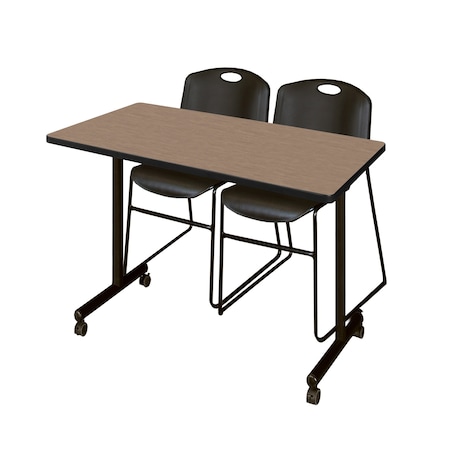Regency Kobe Mobile T-Base Training Table W/ 2 Zeng Stack Chairs, 48 in W, 24 in L, Noble Oak MKTRCC4824NO44BK
