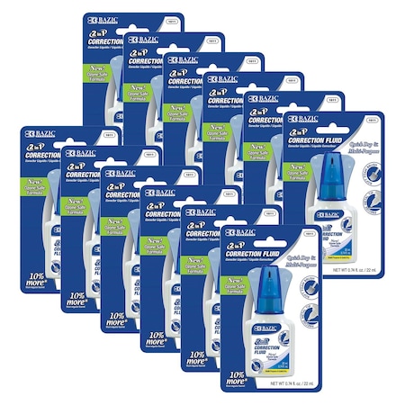 Bazic Products 2 in 1 Correction Fluid with Foam Brush Applicator & Pen Tip, 0.74 FL OZ (22 mL), 12PK 1611