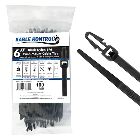 Kable Kontrol Arrowhead Push Mount Cable Zip Ties, 6 in L, 1.49 in Max Bundle Dia., Black, Nylon 6-6, 100 PK pmct-06-40-100-bk