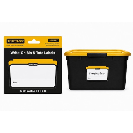 Totetags Storage Bin Labels, Write-On Tote Labels for Garage Organization, Yellow, 2PK, 5 in x3 in, 2PK TOTETAGS-2X-YLW