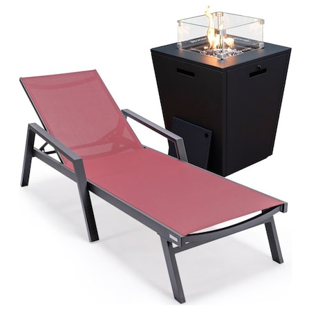 Leisuremod Marlin Black Aluminum Patio Chaise Lounge Chair With Arms & Square Fire Pit Table, Burgundy MLABLCF21-77BRG