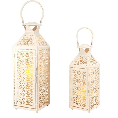 Homeroots Set of Two White Filigree Metal Tabletop Lantern Candle Holders, 2PK 701243