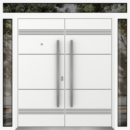 Vdomdoors Metal Double Doors Deux 1705 White Enamel 2 Sidelights and Top Transom Entry Modern Painted 100x110 DEUX1705DEXD-BEM-W14+72+14xH96+14-LH-I