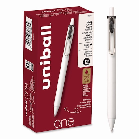 Uni-Ball uniONE Gel Pen, Retractable, Medium 0.7 mm, Black Ink, White Barrel, 12PK 70362