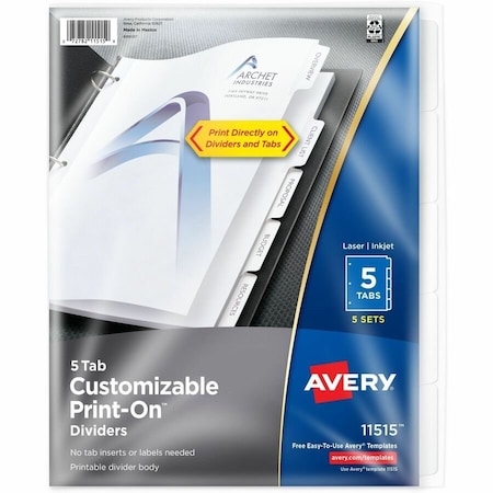 Avery Dennison Avery  Customizable Print-On Divider, 8.5"x11", 5 Tabs, 5 Sets, White/White 11515