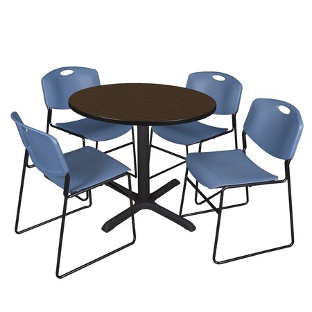 Regency Round Cain Breakroom Table W/ 4 Zeng Stack Chairs, 42 in W, 42 in L, Neo Walnut TB42RNDNW44BE