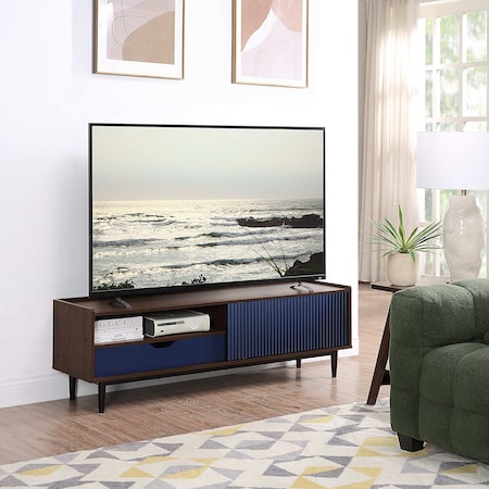 Manhattan Comfort Duane 59.25 Modern Ribbed TV Stand in Dark Brown and Navy Blue TV-8GLF-NB