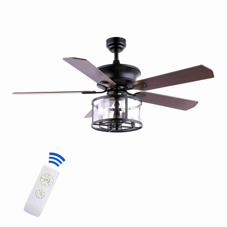 Jonathan Y Braxton 52" 4-Light Farmhouse Industrial Iron Drum Shade LED Ceiling Fan With Remote, Black/Clear JYL9620A