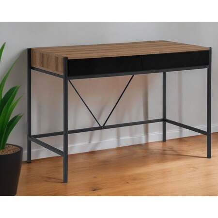 Homeroots 43" Wood Brown and Black Writing Desk With Two Drawers 543784