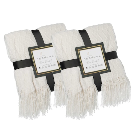 Deerlux Set of 2 Decorative Chevron Pattern Knit Throw Blanket, 50x60 in, Made with Premium Yarns,  QI003968.WT.2