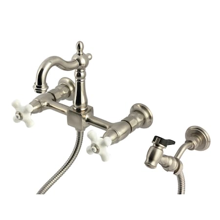 Kingston Brass Two-Handle Wall Mount Bridge Kitchen Faucet with Brass Sprayer, Brushed Nickel KS2448PXBS