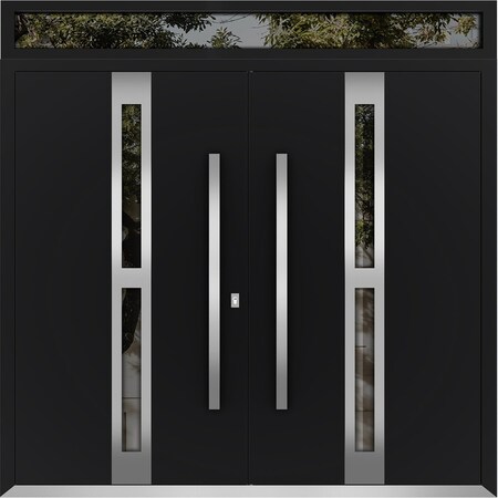 Vdomdoors Metal Double Doors Deux 1755 Black Enamel Opaque Black Glass Top Transom Entry Modern Painted (W72x DEUX1755DEXD-BLK-W72xH96+12-RH-O