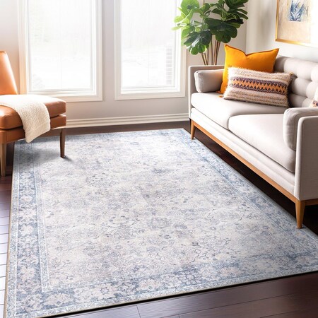 World Rug Gallery Transitional Bordered Vintage Machine Washable Non Slip Area Rug 7 ft 7 in x 9 ft 6 in Blue 6026BLUE8X10