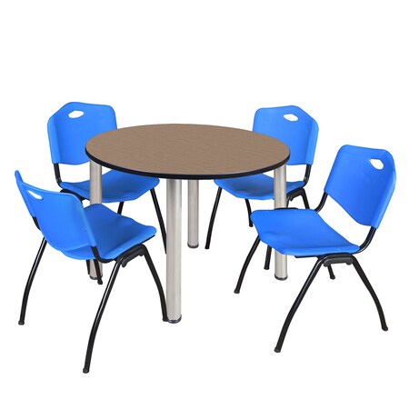 Regency Round Kee Breakroom Table W/ 4 M Stack Chairs, 48 in W, 48 in L, Noble Oak TB48RNDNOBPCM47BE