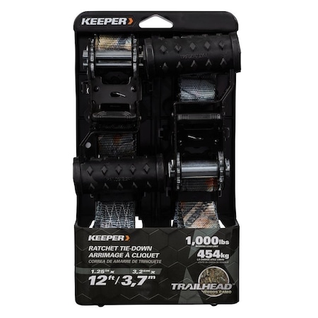 Keeper Ratchet Tie-Down, 1-1/4 in W, 12 ft L, 1000 lb, J-Hook End Fitting, Vinyl End Fitting 43595