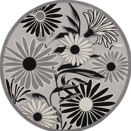 Homeroots 5' Black And White Round Floral Indoor Outdoor Area Rug 545010