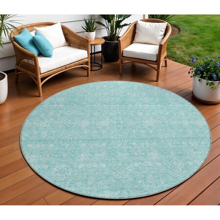 Homeroots 8' Aqua And Ivory Round Floral Washable Indoor Outdoor Area Rug 582322