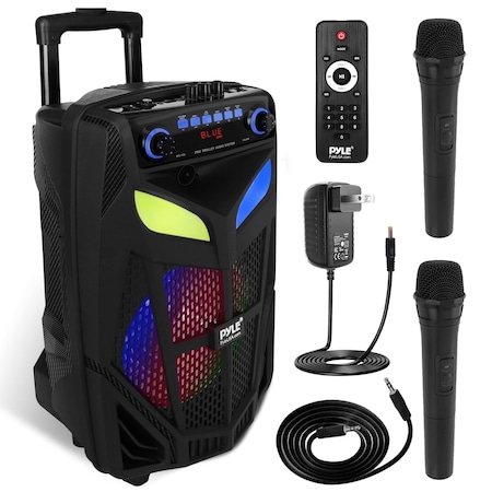 Pyle Pyle Portable Bluetooth PA Speaker, 600W, 10 in Indoor/Outdoor BT Speaker, 2 Wireless Mics, Party Lights PPHP101WMB
