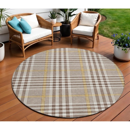 Homeroots 8' Brown And Beige Round Plaid Washable Indoor Outdoor Area Rug 601466