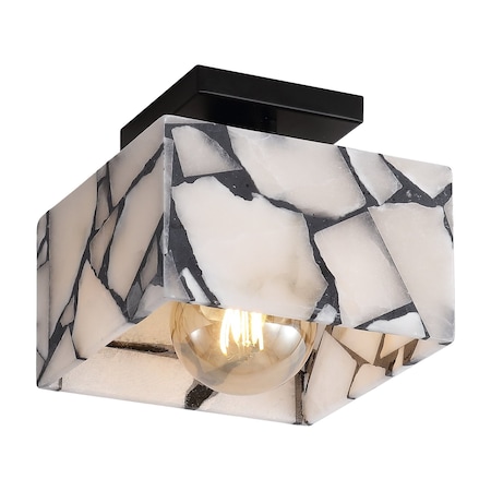 Jonathan Y Alessia 8 in. 1-Light Modern Contemporary Alabaster/Iron Square LED Semi Flush Mount, White and Black JYL1203C