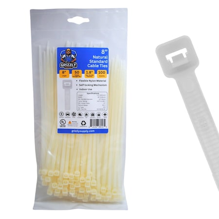 Grizzly Supply Cable Tie, 8 in L, 50 lb Strength, 2.2 in Max Bundle Dia, Nylon 6/6, Natural, 100PK GS-S8-50-9C