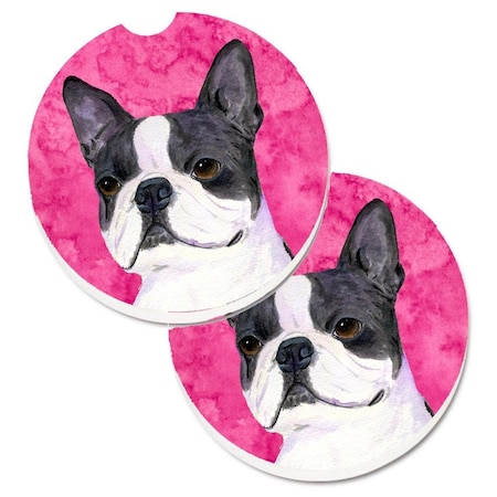 Carolines Treasures Pink Boston Terrier Set of 2 Cup Holder Car Coaster SS4792-PKCARC