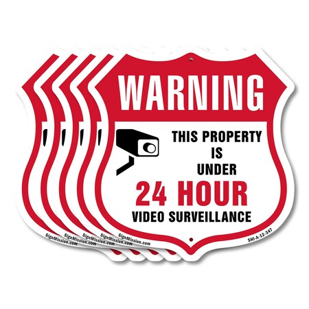 Signmission 24 Hour Surveillance Shield Sign Warning, 12 inch X 12 inch, Aluminum Metal Sign, 5PK SHI-A-5Pack-12-347