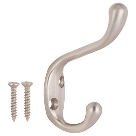 Prosource Coat and Hat Hook, 22 lb, 2-Hook, 1-1/64 in Opening, Zinc, Satin Nickel H6271007SN-PS