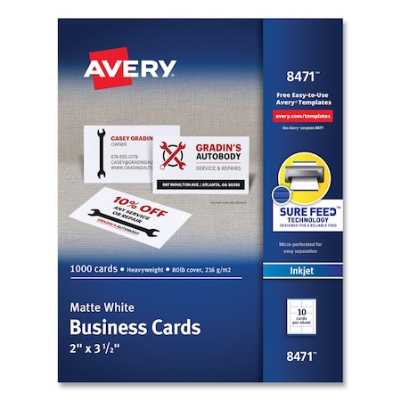 Avery Printable Microperforated Business Cards w/Sure Feed Technology, Inkjet, 2 x 3.5, White, 1000PK 08471