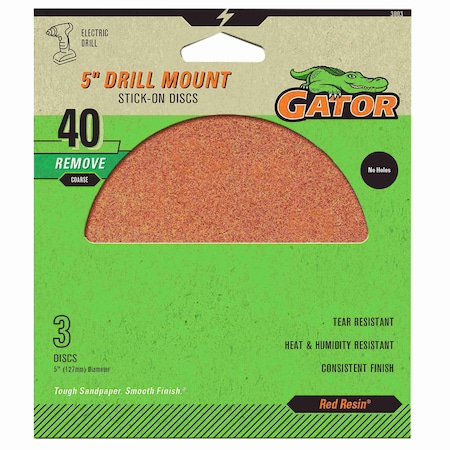 Gator Finishing Red Resin 5 in. Drill Mount Stick-On Sanding Discs, 40 Grit, Coarse, 3PK 3003