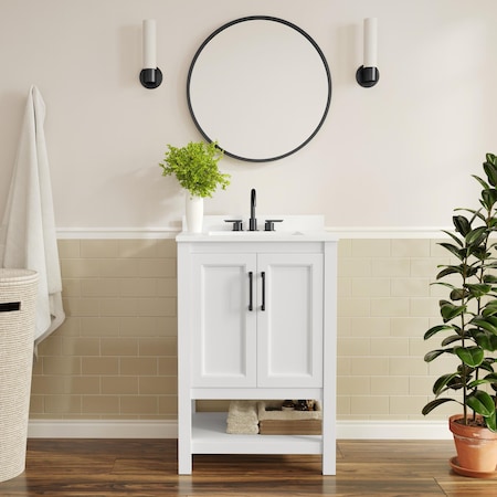 Flash Furniture Vega 24in. Vanity w/Sink, Soft Close Doors & Open Shelf, Carrara Marble, Black Hardware, Wht/Wht FS-VEGA24-WH-HDBLK-GG