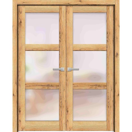 Sartodoors Solid French Double Doors Frosted Glass, Lucia 2552 Oak, Wood Solid Panel Frame Trims, Closet Bed LUCIA2552DD-DUB-6484