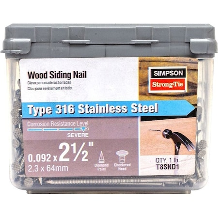 Simpson Strong-Tie Siding Nail, 8D, 2-1/2 in L, Stainless Steel, Full Round Head, Annular Ring Shank, 5 lb T8SND5