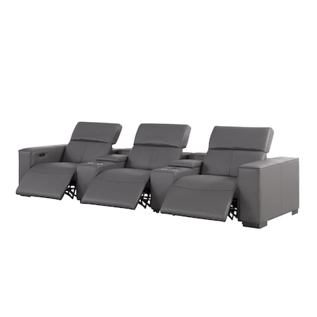 Homeroots 136" Dark Gray Top Grain Leather Reclining USB Sofa And Storage 720314
