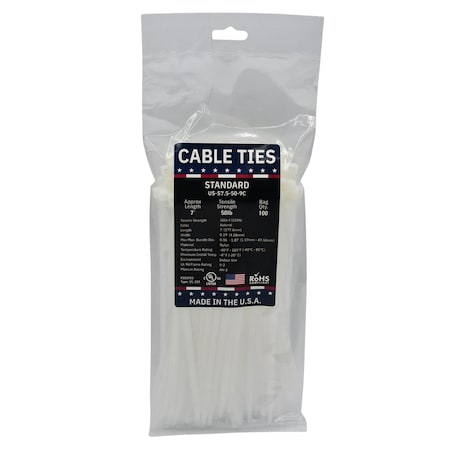 Cable Ties Unlimited Cable Tie, 7.5 in L, 50 lb Strength, 1.9 in Max Bundle Dia, Nylon 6/6, Natural 100PK US-S7.5-50-9C